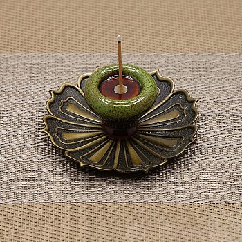 Porcelain Incense Burners Holder, with Alloy Flower Base, Buddhism Aromatherapy Furnace Home Decor, Olive Drab, 88x34mm