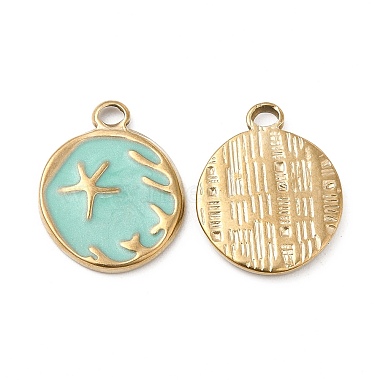 Real 18K Gold Plated Pale Turquoise Flat Round Stainless Steel+Enamel Pendants