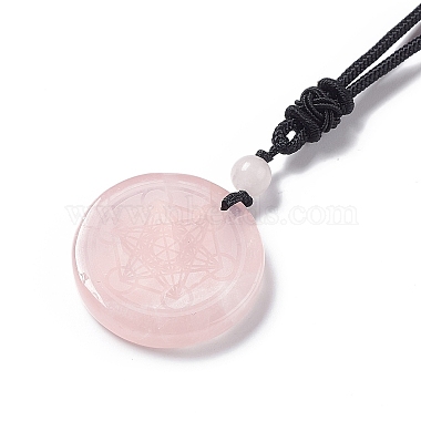 Ожерелье из натурального розового кварца плоское круглое с шестигранной подвеской и нейлоновым шнуром для женщин(NJEW-P274-05-06)-3