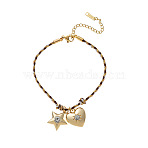 304 Stainless Steel Enamel & Rhinestone & Glass & Cotton Cord Charm Bracelets, Real 18K Gold Plated, Star & Heart, 6.30 inch(16cm)(FS-WGBC5B1-03)