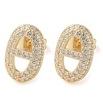 Rack Plating Brass Micro Pave Cubic Zirconia Stud Earrings, Pave Cluster Earring, Hollow Oval, Real 16K Gold Plated, 13x8.5mm(EJEW-M230-18G)