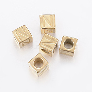 304 Stainless Steel Large Hole Letter European Beads, Horizontal Hole, Cube with Letter.N, Golden, 8x8x8mm, Hole: 5mm(STAS-H428-01G-N)