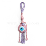 Flat Round with Evil Eye Resin Pendant Decorations, Cotton Cord Braided Tassel Hanging Ornament, Pink, 158mm(EVIL-PW0002-12D-06)