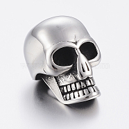 304 Stainless Steel European Beads, Large Hole Beads, Skull, Antique Silver, 16x11x12mm, Hole: 5mm(STAS-H440-01AS)