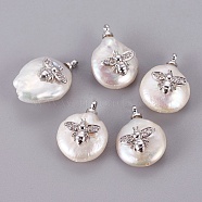 Natural Cultured Freshwater Pearl Pendants, with Brass Cubic Zirconia Cabochons, Long-Lasting Plated, Nuggets with Bees, Real Platinum Plated, 16~22x12~13x6.5~7mm, Hole: 1.4mm(X-PEAR-F008-37P)
