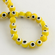 Round Handmade Evil Eye Lampwork Beads, Gold, 6mm, Hole: 1mm, about 64pcs/strand, 14.1 inch(LAMP-R114-6mm-01)