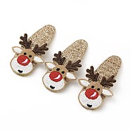 Christmas Deer Glitter Gretel Fabric with PU leather Snap Hair Clips, with Iron Clips, Hair Accessorise for Girls, Tan, 56x30x4mm(PHAR-G006-05P)