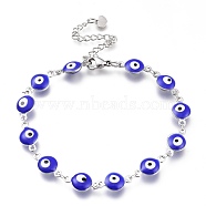 304 Stainless Steel Link Bracelets, with Enamel and Lobster Claw Clasps, Evil Eye, Stainless Steel Color, Blue, 8-1/8 inch(20.5cm), Eye: 14x8x3mm(BJEW-M203-04P-D)