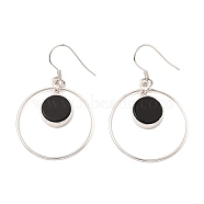 Natural Obsidian Flat Round Dangle Earrings, Real Platinum Plated Rhodium Plated 925 Sterling Silver Earrings, 46x27.5mm(EJEW-Z024-11D-P)