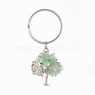 Chip Natural Green Aventurine Keychain, with Antique Silver Plated Alloy Pendants and 316 Surgical Stainless Steel Split Key Rings, Tree, 55mm(KEYC-JKC00219-01)