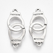 304 Stainless Steel Interlocking Clasps, Handcuffs Shape with Word Freedom, Antique Silver, 40x15x2mm, Hole: 2mm(STAS-S079-80B)