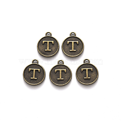 Alloy Pendant Cabochon Settings, For Enamel, Cadmium Free & Lead Free, Flat Round with Letter, Antique Bronze, Letter.T, 14x12x2mm, Hole: 1.5mm(PALLOY-N156-01T-AB)