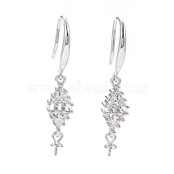 Rhodium Plated 925 Sterling Silver Earring Hooks, with Clear Cubic Zirconia, Rhombus, for Half Drilled Beads, Platinum, 34mm, 21 Gauge, Pin: 0.7mm and 0.6mm, Tray: 6x3mm(STER-D035-36P)