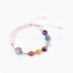 Adjustable Nylon Cord Braided Bead Bracelets, with Natural Mixed Stone & Rose Quartz Beads, Brass Beads and Alloy Beads, Flat Round with Tree of Life, 2 inch(5cm)~3-1/8 inch(8cm)(BJEW-F346-B02)