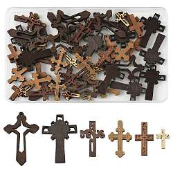 60Pcs 6 Styles Religion Wood Pendants, Cross, Mixed Color, 21.5~47.5x14.5~32x4~4.5mm, Hole: 1.2~4.5mm, 10pcs/style(WOOD-FS0002-51)