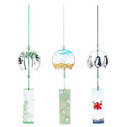 3Pcs 3 Style Japanese Glass Half Round Wind Chimes, Paper Blessing Hanging Pendant, for Garden Patio Balcony Decoration, Mixed Color, 385mm, 1pc/style(HJEW-BC0001-54)
