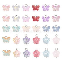 60Pcs 15 Styles Transparent Glass Pendants, with Brass Findings, Flower & Butterfly Charms, Mixed Color, 12~18x13~14x5.5mm, Hole: 2.8~3.3mm, 4Pcs/style(FIND-TA0004-51)