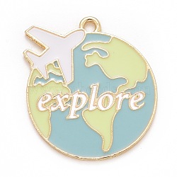 Alloy Enamel Pendants, Plane with Earth & Word Explore, Light Gold, White, 29x26x1.5mm, Hole: 2mm(FIND-B007-05LG)