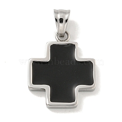 304 Stainless Steel Pendants, with Enamel, Cross Charm, Stainless Steel Color, Black, 22x18x3mm, Hole: 6x4.5mm(STAS-C102-11P-01)