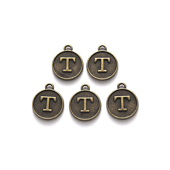 Alloy Pendant Cabochon Settings, For Enamel, Cadmium Free & Lead Free, Flat Round with Letter, Antique Bronze, Letter.T, 14x12x2mm, Hole: 1.5mm