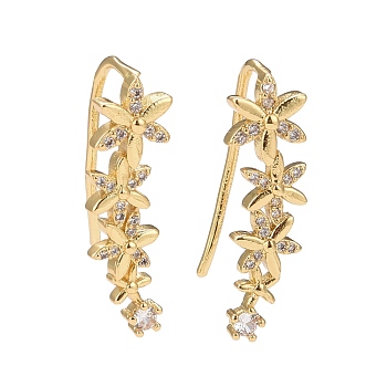 Cubic Zirconia Flower Dangle Earrings, Real 18K Gold Plated Brass Jewelry for Women, Lead Free & Cadmium Free, Clear, 26x8mm, Pin: 1mm