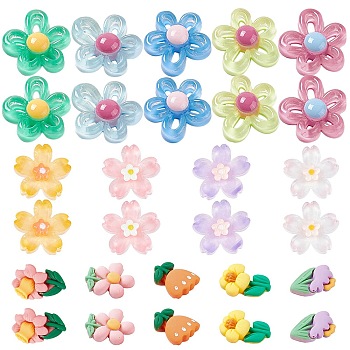 60Pcs 3 Styles Transparent Resin Cabochons, with Glitter Powder, Flower, Mixed Color, 16~27.5x15~19x6.5~9mm, 20pcs/style