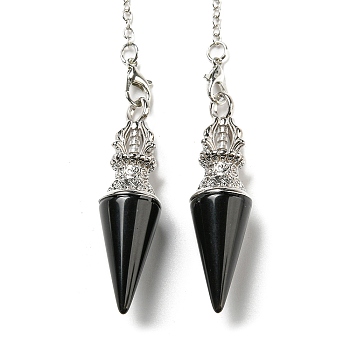 Natural Obsidian Pointed Dowsing Pendulums, with Rack Plating Platinum Plated Brass Findings, Cadmium Free & Lead Free, 230mm, Hole: 1.6mm