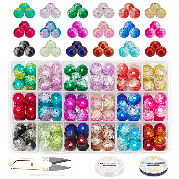 DIY Baking Painted Crackle Glass Beads Stretch Bracelet Making Kits, include Sharp Steel Scissors, Elastic Crystal Thread, Stainless Steel Beading Needles, Mixed Color, Beads: 12mm, Hole: 1.3~1.6mm, 144pcs/set
