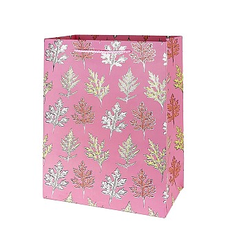Paper Bags with Handle, with Cotton Cord Handles, Merchandise Bag, Gift, Party Bag, Rectangle with Maple Leaf Pattern, Hot Pink, 32x26x0.3cm