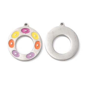 316L Surgical Stainless Steel Pendants, with Enamel, Donut Charm, Stainless Steel Color, 18x15x1.4mm, Hole: 1.2mm