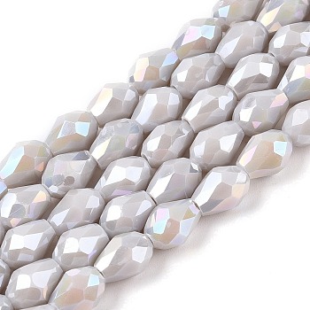 Opaque Solid Color Electroplate Glass Beads Strands, AB Color Plated, Faceted, Teardrop, Slate Gray, 8x6mm, Hole: 1.2mm, about 65~67pcs/strand, 20.08 inch(51cm)