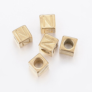 304 Stainless Steel Large Hole Letter European Beads, Horizontal Hole, Cube with Letter.N, Golden, 8x8x8mm, Hole: 5mm