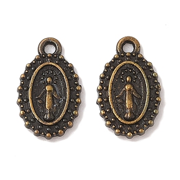 Oval Tibetan Style Alloy Charms, Virgin Mary with Cross & Heart, Cadmium Free & Nickel Free & Lead Free, Antique Bronze, 15x9x1mm, Hole: 1.5mm