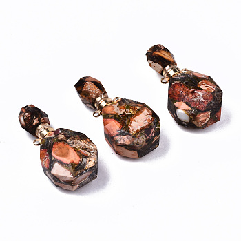 Assembled Synthetic Bronzite and Imperial Jasper Openable Perfume Bottle Pendants, with Light Gold Brass Findings, Dyed, Sandy Brown, Capacity: 1ml(0.03 fl. oz), 39~40x19.5x13.5mm, Hole: 1.8mm