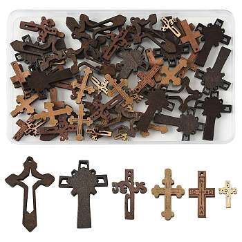 60Pcs 6 Styles Religion Wood Pendants, Cross, Mixed Color, 21.5~47.5x14.5~32x4~4.5mm, Hole: 1.2~4.5mm, 10pcs/style