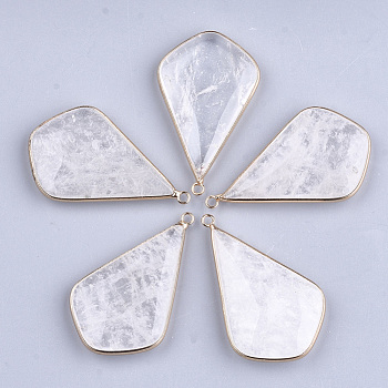 Natural Quartz Crystal Big Pendants, Rock Crystal, with Brass Findings, Arrows, Golden, 51~53x30~32x7~8mm, Hole: 2mm