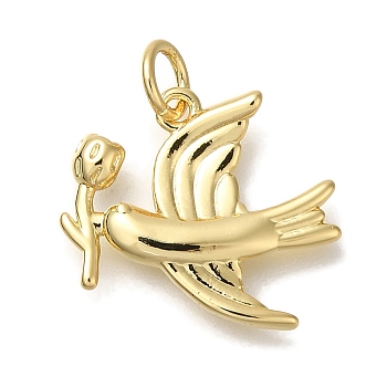 Rack Plating Brass Pendants, Cadmium Free & Lead Free, Long-Lasting Plated, Bird with Flower Charms, with Jump Ring, Real 18K Gold Plated, 14x17x2.5mm, Hole: 3mm