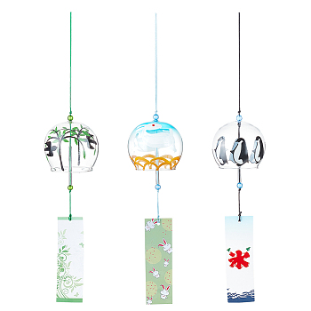 3Pcs 3 Style Japanese Glass Half Round Wind Chimes, Paper Blessing Hanging Pendant, for Garden Patio Balcony Decoration, Mixed Color, 385mm, 1pc/style