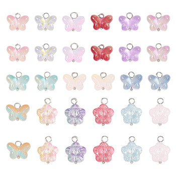 60Pcs 15 Styles Transparent Glass Pendants, with Brass Findings, Flower & Butterfly Charms, Mixed Color, 12~18x13~14x5.5mm, Hole: 2.8~3.3mm, 4Pcs/style