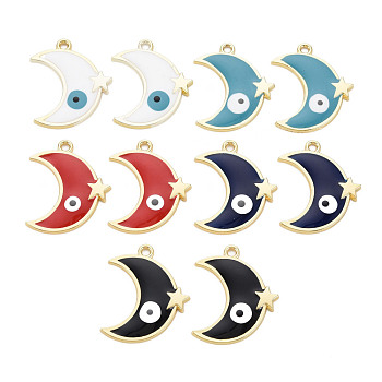 Rack Plating Alloy Enamel Pendants, Cadmium Free & Nickel Free & Lead Free, Moon with Eye, Light Gold, Mixed Color, 25x20.5x2mm, Hole: 1.8mm