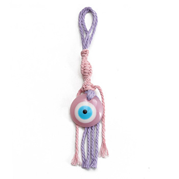 Flat Round with Evil Eye Resin Pendant Decorations, Cotton Cord Braided Tassel Hanging Ornament, Pink, 158mm