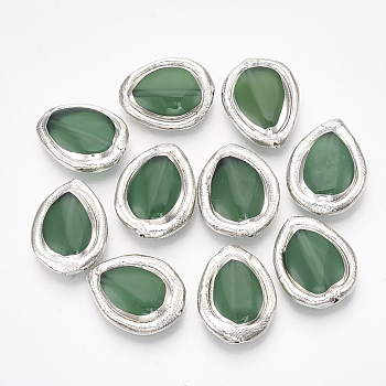 Natural Green Agate Beads, Electroplate Polymer Clay Edge, Dyed, Teardrop, Sea Green, 20~23x15~18x6~7mm, Hole: 1mm