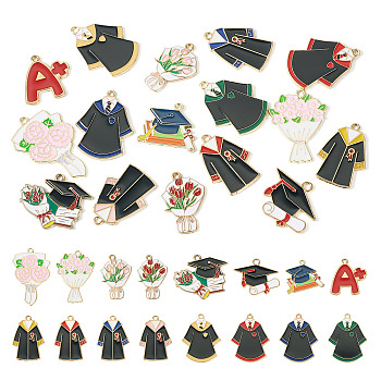16Pcs 16 Styles Graduation Season Theme Alloy Enamel Pendants, Golden, Mixed Color, 23~36x18~30x1~2mm, Hole: 1.6~2.5mm, 1pc/style