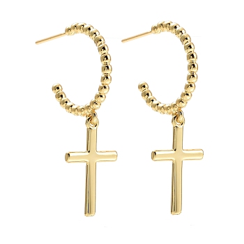 C-Shape with Cross Dangle Stud Earrings Brass Long Drop Half Hoop Earrings for Women, Lead Free & Cadmium Free, Real 18K Gold Plated, 40x19.5mm, Pin: 0.6mm
