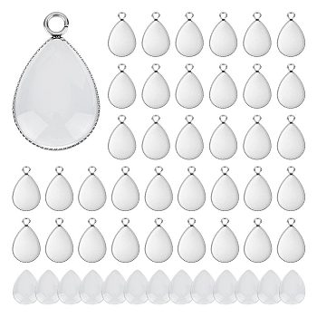 50Pcs 304 Stainless Steel Pendant Cabochon Settings, Milled Edge Bezel Cups, Drop, with 50Pcs Transparent Teardrop Glass Cabochons, Stainless Steel Color, Tray: 18x13mm, 22x13.5x1.5mm, Hole: 2.5mm