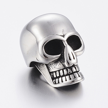 304 Stainless Steel European Beads, Large Hole Beads, Skull, Antique Silver, 16x11x12mm, Hole: 5mm
