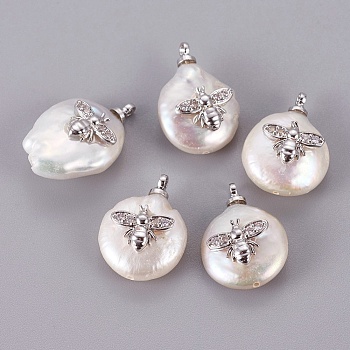 Natural Cultured Freshwater Pearl Pendants, with Brass Cubic Zirconia Cabochons, Long-Lasting Plated, Nuggets with Bees, Real Platinum Plated, 14~18x20~29x5~8mm, Hole: 1.4mm