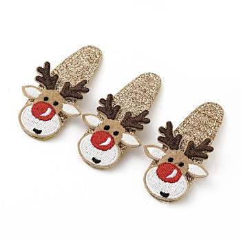 Christmas Deer Glitter Gretel Fabric with PU leather Snap Hair Clips, with Iron Clips, Hair Accessorise for Girls, Tan, 56x30x4mm