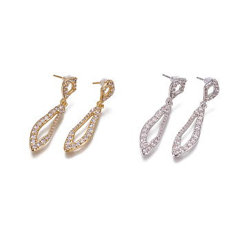 Brass Micro Pave Cubic Zirconia Dangle Stud Earrings, teardrop, with Plastic Ear Nuts, Clear, Platinum & Golden, 38.5mm, Pin: 0.7mm