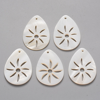 Natural Freshwater Shell Pendants, teardrop, with Hollow Sun, 29x21x2mm, Hole: 1.4mm